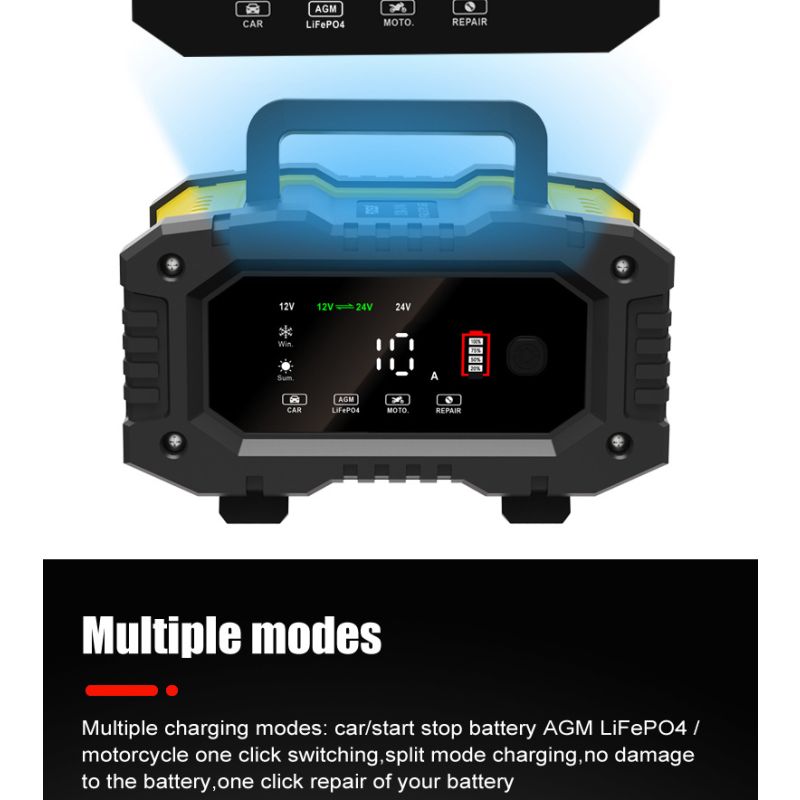 FOXSUR bärbar bilbatteriladdare 12V/24V motorcykel lastbil AGM LiFePO4 automatisk 7-stegs laddning effektivitet