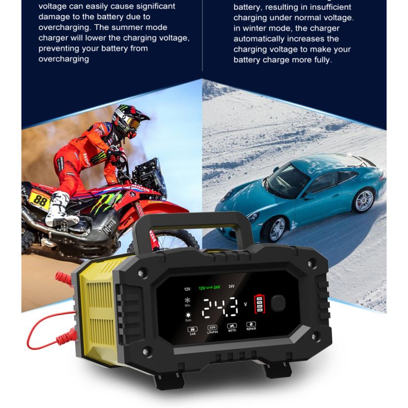 FOXSUR bärbar bilbatteriladdare 12V/24V motorcykel lastbil AGM LiFePO4 automatisk 7-stegs laddning effektivitet