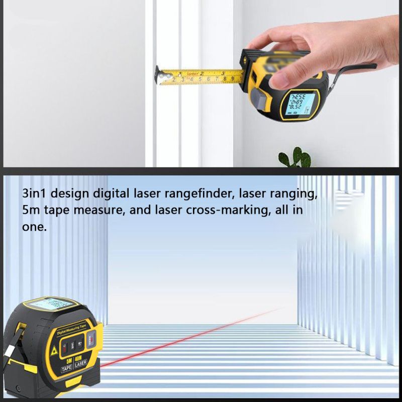 3 i 1 Laseravståndsmätare med 5 m Måttband och LCD-skärm Multifunktionellt Verktyg för Byggnad och Renovering
