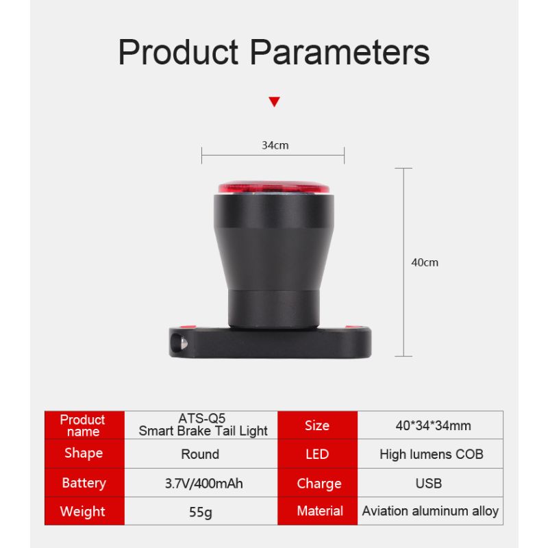 ANTUSI Q5 Smart Cykel Bakljus med Broms Sensing och Auto Start Stopp IPx6 Vattentät för Cykelsäkerhet