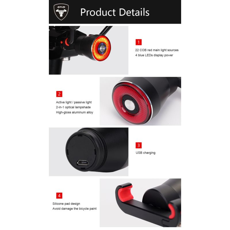 ANTUSI Q5 Smart Cykel Bakljus med Broms Sensing och Auto Start Stopp IPx6 Vattentät för Cykelsäkerhet