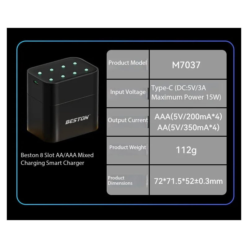 Beston Smart Batteriladdare Set 8 AA 1.5V Litiumbatterier 3600mWh – Snabbladdning, Överladdningsskydd