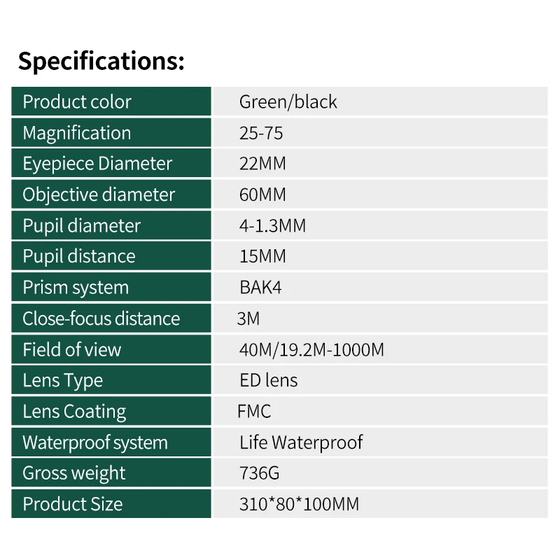 25-75x60 Spottingscope ED-lins | Kraftfullt Monokulärt Teleskop för Fågelskådning & Utomhus | BAK4