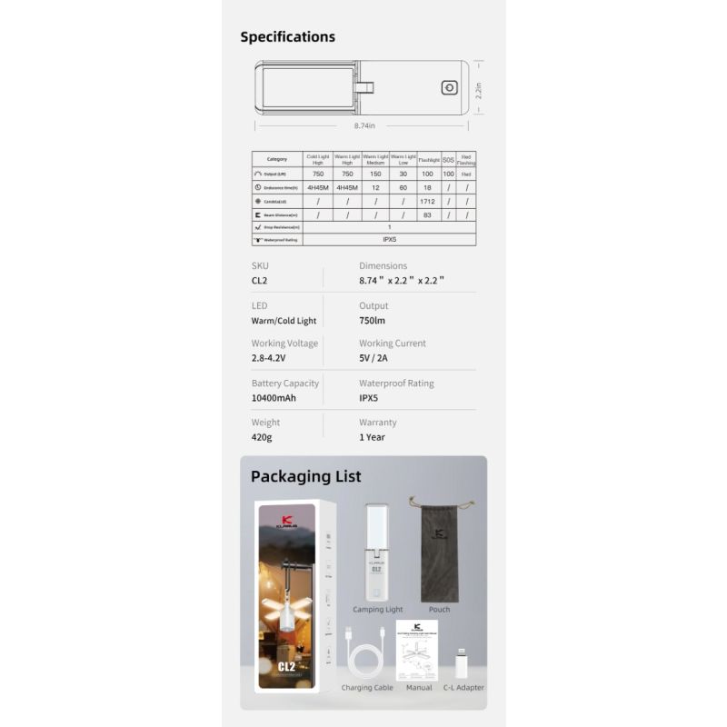 Klarus CL2 750 Lumen campinglykta med frifällbar 90-graders justering och 7 ljuslägen för utomhusbruk
