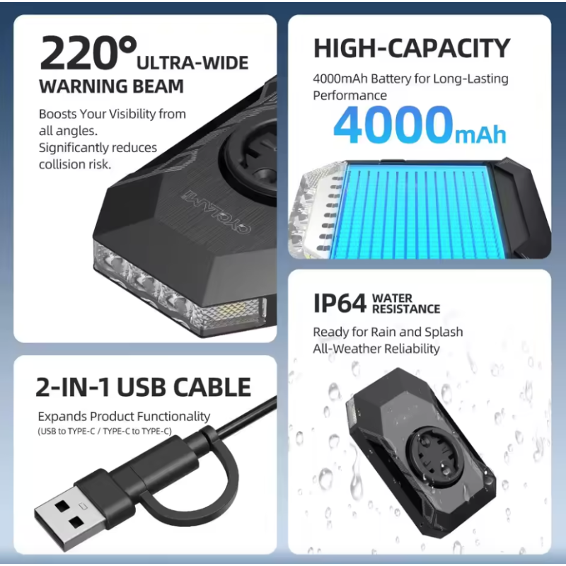 CYCLAMI CL350 Cykellampa | 4000mAh Cykelstrålkastare med Type-C Laddning | Framlampa & Kraftbank