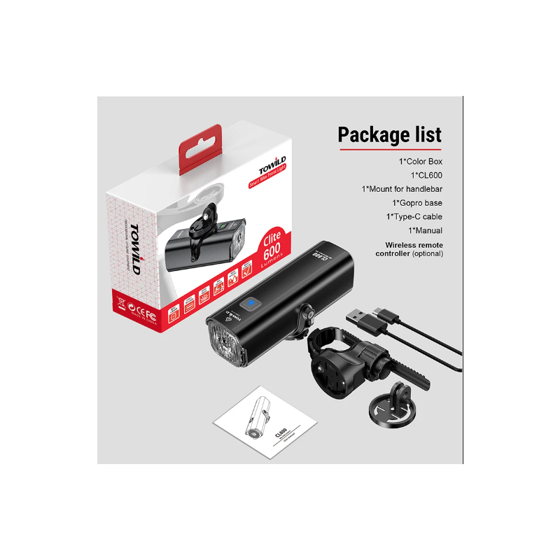TOWILD CL600 cykelljus USB-uppladdningsbar LED hög lumen cykeltillbehör med vattentät design för säker cykling