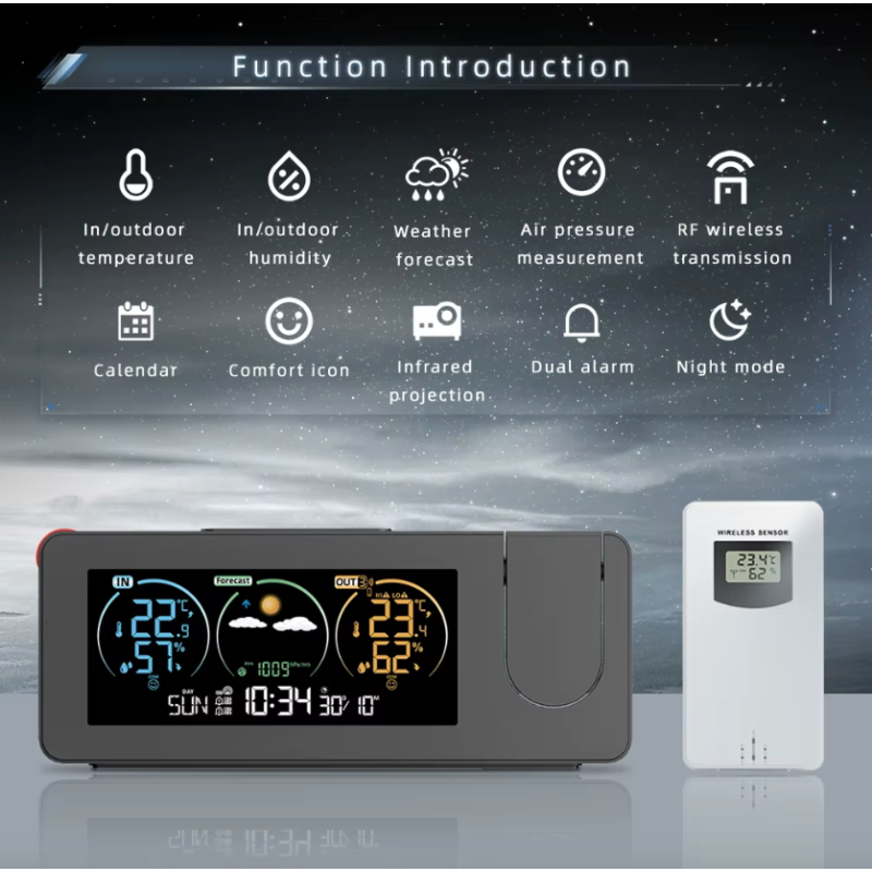 Stilren Projektionsklocka med Väggklocka och Digitalt alarm perfekt för Heminredning Evighetskalender 7 språk