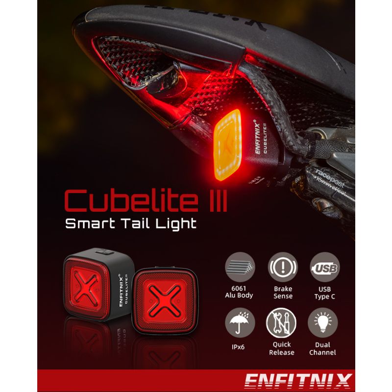 Upptäck Enfitnix Cubelite III Smart bakljus med ultraljust LED-ljus 30 lumen USB-laddning för cykelsäkerhet