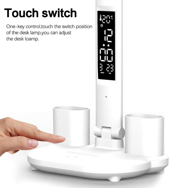 LED-bordslampa med kalender och USB-touch multifunktionslampa med flimmerfritt ljus och pennhållare