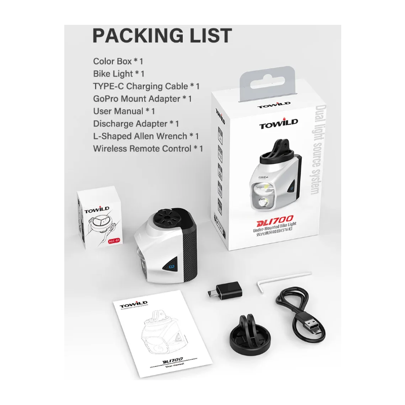 TOWILD DLite 1700 DL1700 Cykellampa - USB Laddningsbar, 1900 Lumen, Vattentät Framlampa
