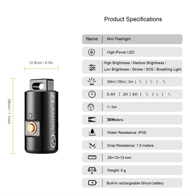 Minificklampa LED Uppladdningsbar Ficklampa Nyckelring Halsband Camping Vandring Portabel Lättvikt
