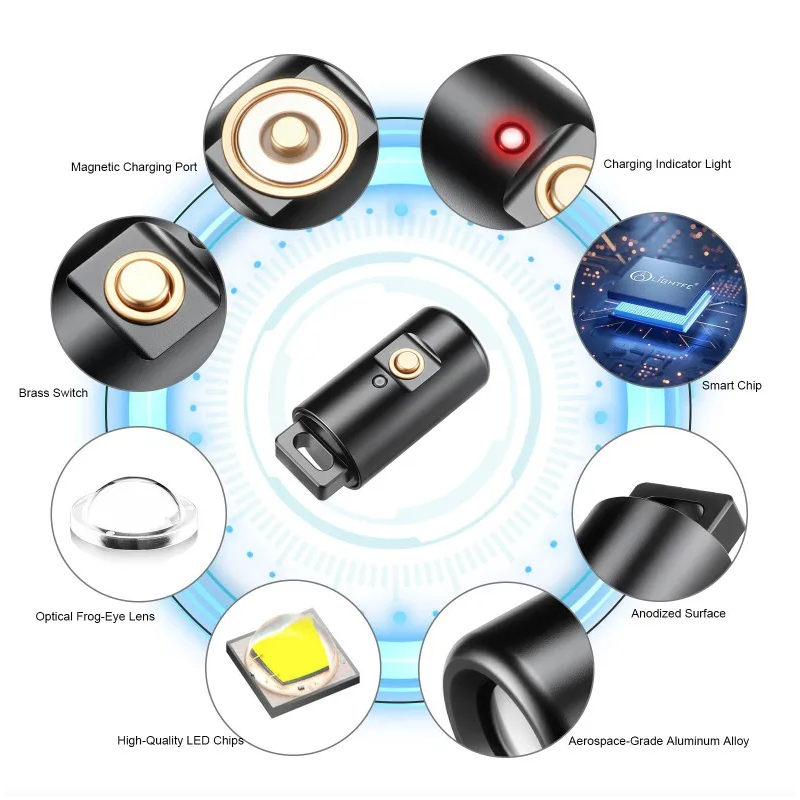 Minificklampa LED Uppladdningsbar Ficklampa Nyckelring Halsband Camping Vandring Portabel Lättvikt