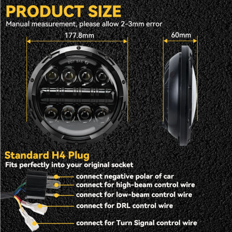 7 tums motorcykel LED-strålkastare med DRL-växlingssignal hållbar för Harley Jeep Wrangler IP67 vattentät