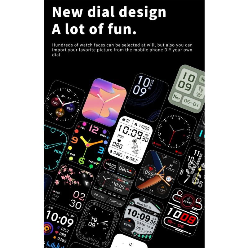 F57L Smartklocka Finessklocka för Blodglukos, Blodtryck, Hjärtfrekvens & Temperaturövervakning, 1.91 tum