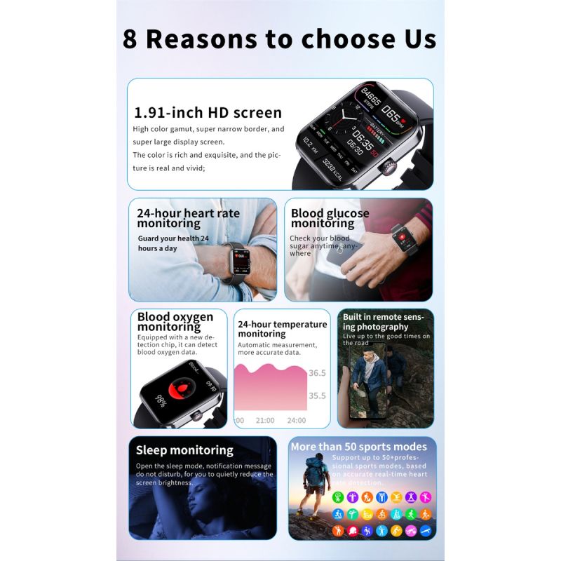 F57L Smartklocka Finessklocka för Blodglukos, Blodtryck, Hjärtfrekvens & Temperaturövervakning, 1.91 tum