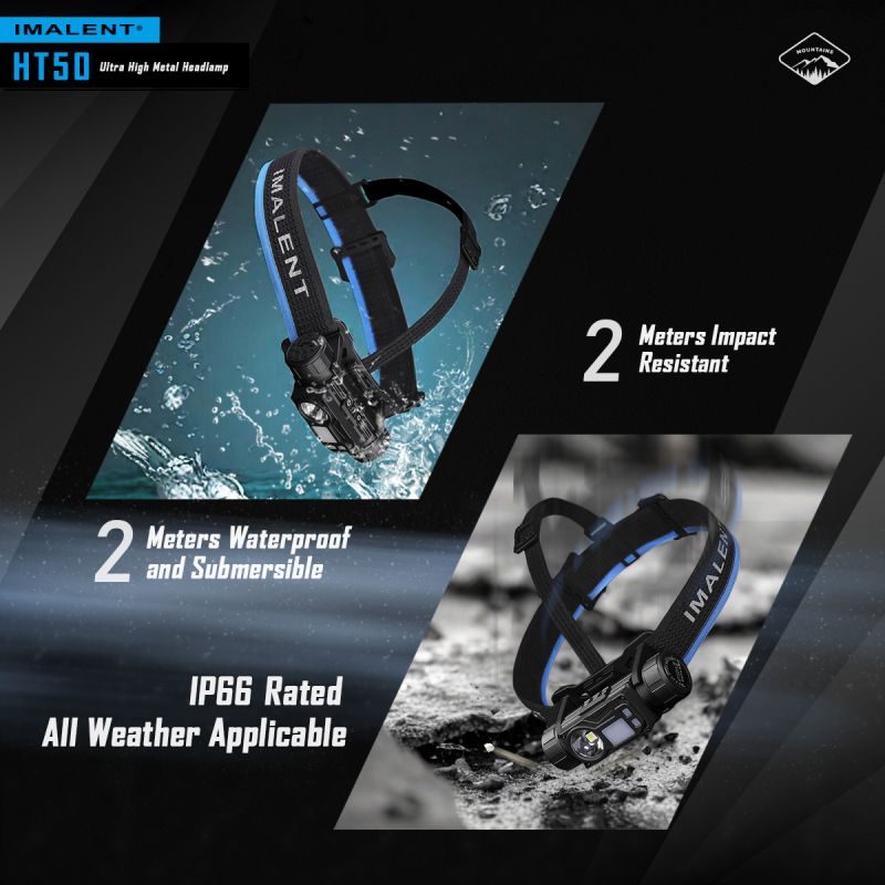 Kraftfull IMALENT HT50 LED-strålkastare med dubbla ljuskällor för äventyr Uppladdningsbar och vattentät