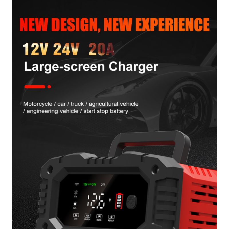 FOXSUR 20A Bärbar bilbatteriladdare för 12V 24V AGM LiFePO4 Blybatterier med mikroprocessorkontroll