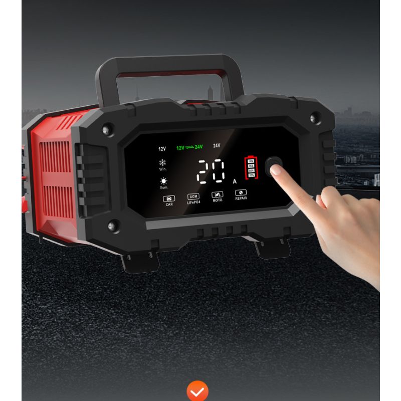 FOXSUR 20A Bärbar bilbatteriladdare för 12V 24V AGM LiFePO4 Blybatterier med mikroprocessorkontroll