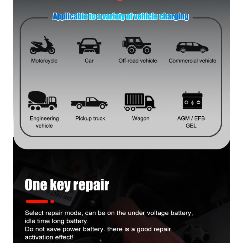 FOXSUR 20A Bärbar bilbatteriladdare för 12V 24V AGM LiFePO4 Blybatterier med mikroprocessorkontroll