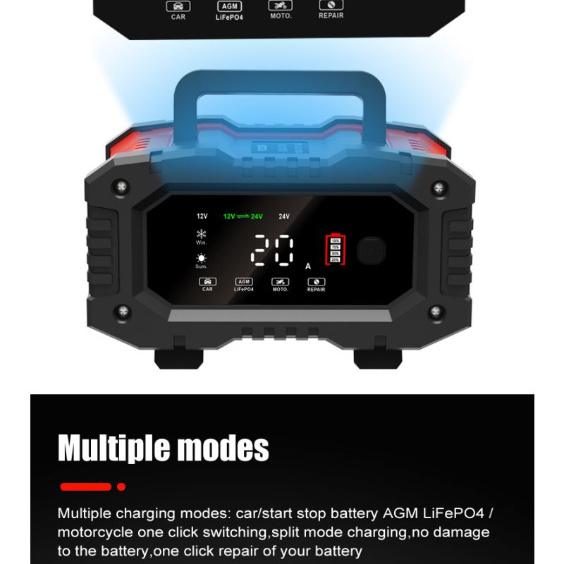 FOXSUR 20A Bärbar bilbatteriladdare för 12V 24V AGM LiFePO4 Blybatterier med mikroprocessorkontroll