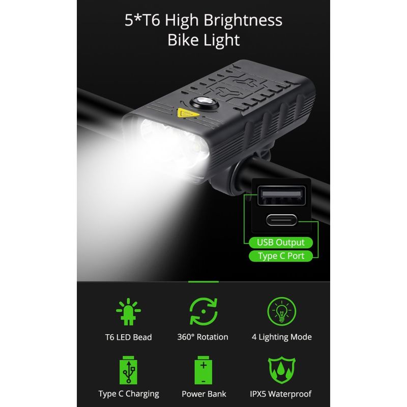TK5 cykel framljus 5X T6 LED 5000 lumen USB uppladdningsbar strålkastare för cykelsäkerhet i mörker