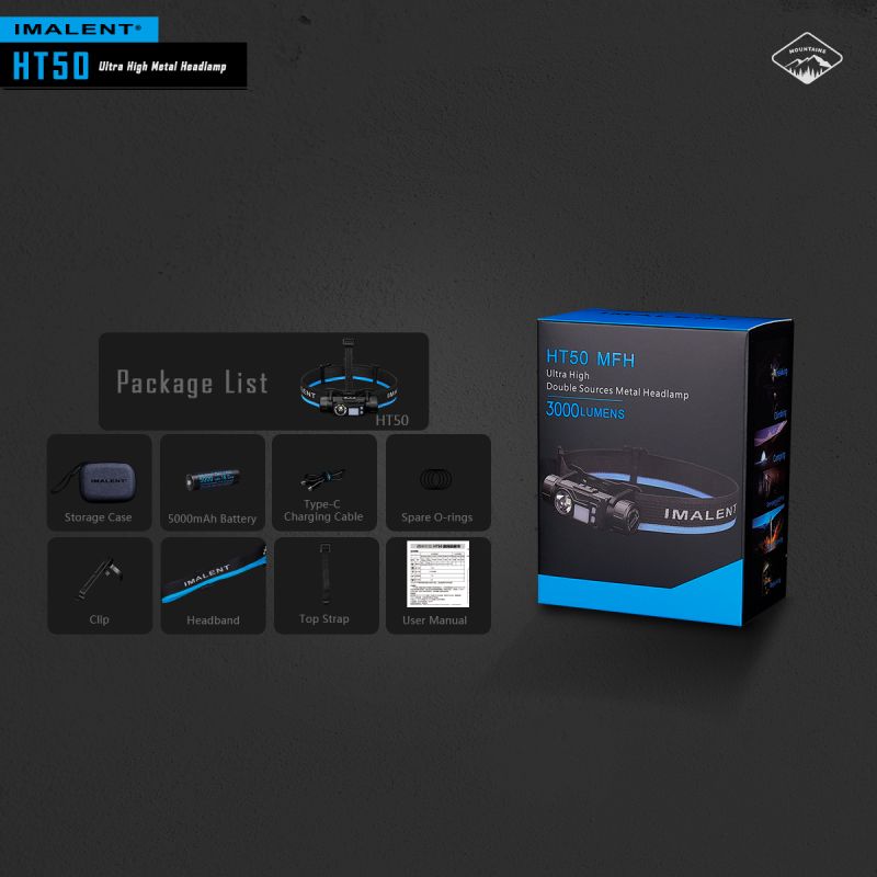 Kraftfull IMALENT HT50 LED-strålkastare med dubbla ljuskällor för äventyr Uppladdningsbar och vattentät