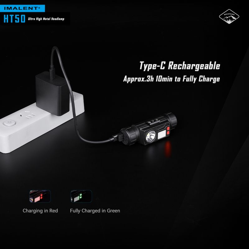Kraftfull IMALENT HT50 LED-strålkastare med dubbla ljuskällor för äventyr Uppladdningsbar och vattentät