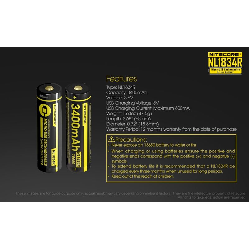 Nitecore NL1834R uppladdningsbart batteri 3400mAh Micro-USB hög kapacitet för elektronik och utomhusutrustning