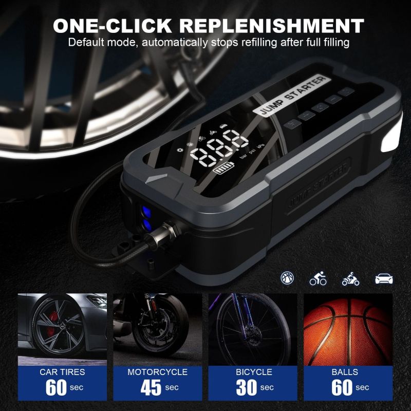 Mångsidig Jump Starter Power Bank Bärbar Laddare med Däckpump och Säkerhet Funktioner för Nödsituationer