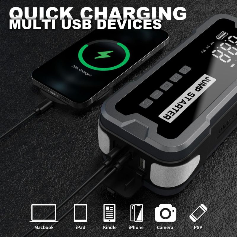 Mångsidig Jump Starter Power Bank Bärbar Laddare med Däckpump och Säkerhet Funktioner för Nödsituationer