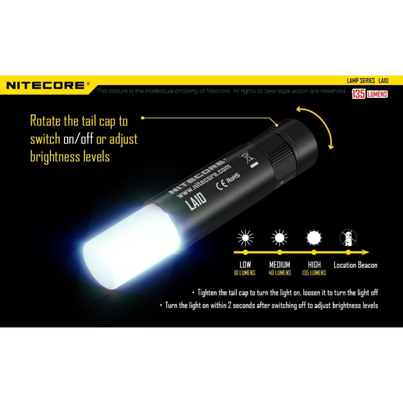 Nitecore LA10 kompakt lättviktig campingficklampa 135 lumen med vridaktiveringsdesign och Nichia XP-G2 LED