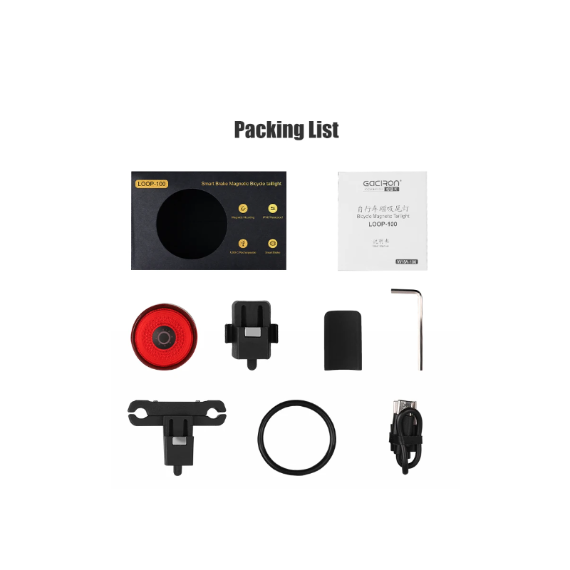 Gaciron LOOP-100 cykelbakljus hög ljusstyrka LED med bromssensor aluminiumlegering för cykelsäkerhet