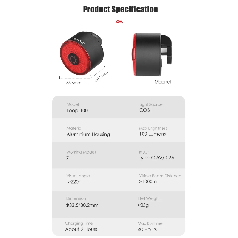 Gaciron LOOP-100 cykelbakljus hög ljusstyrka LED med bromssensor aluminiumlegering för cykelsäkerhet