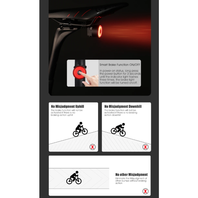 Gaciron LOOP-100 cykelbakljus hög ljusstyrka LED med bromssensor aluminiumlegering för cykelsäkerhet