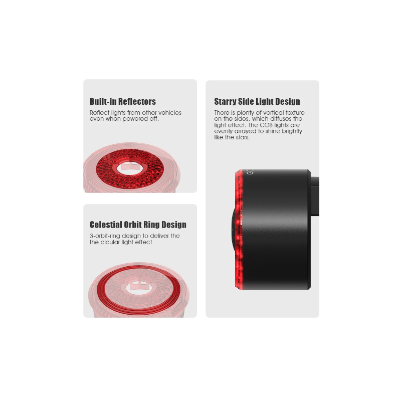 Gaciron LOOP-100 cykelbakljus hög ljusstyrka LED med bromssensor aluminiumlegering för cykelsäkerhet