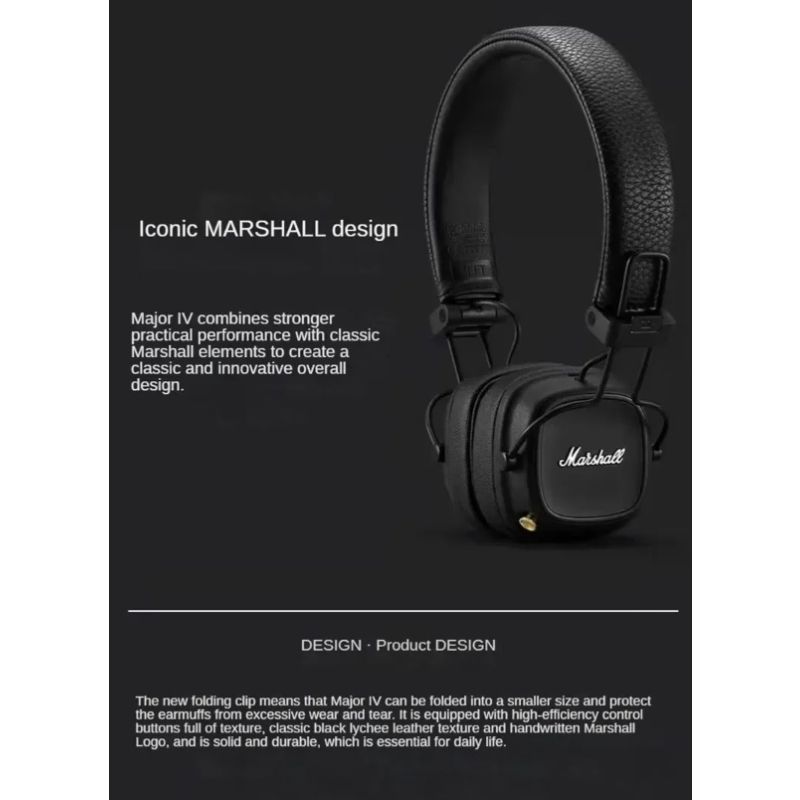 Marshall Major IV trådlösa Bluetooth-hörlurar med signaturljud och trådlös laddning för musikentusiaster