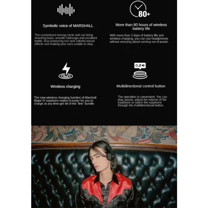 Marshall Major IV trådlösa Bluetooth-hörlurar med signaturljud och trådlös laddning för musikentusiaster