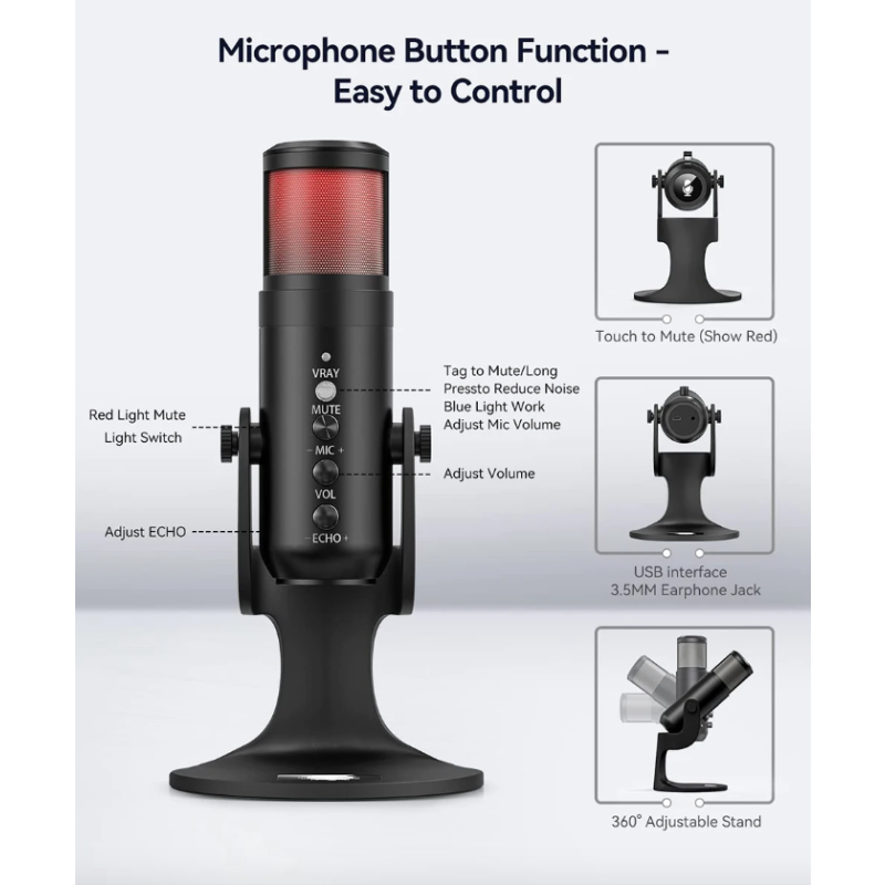MU900PRO RGB USB-mikrofon för innehållsskapare med kardioid upptagningsmönster och anpassningsbara ljuseffekter
