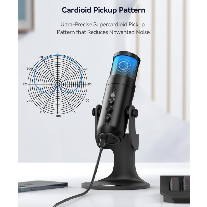 MU900PRO RGB USB-mikrofon för innehållsskapare med kardioid upptagningsmönster och anpassningsbara ljuseffekter