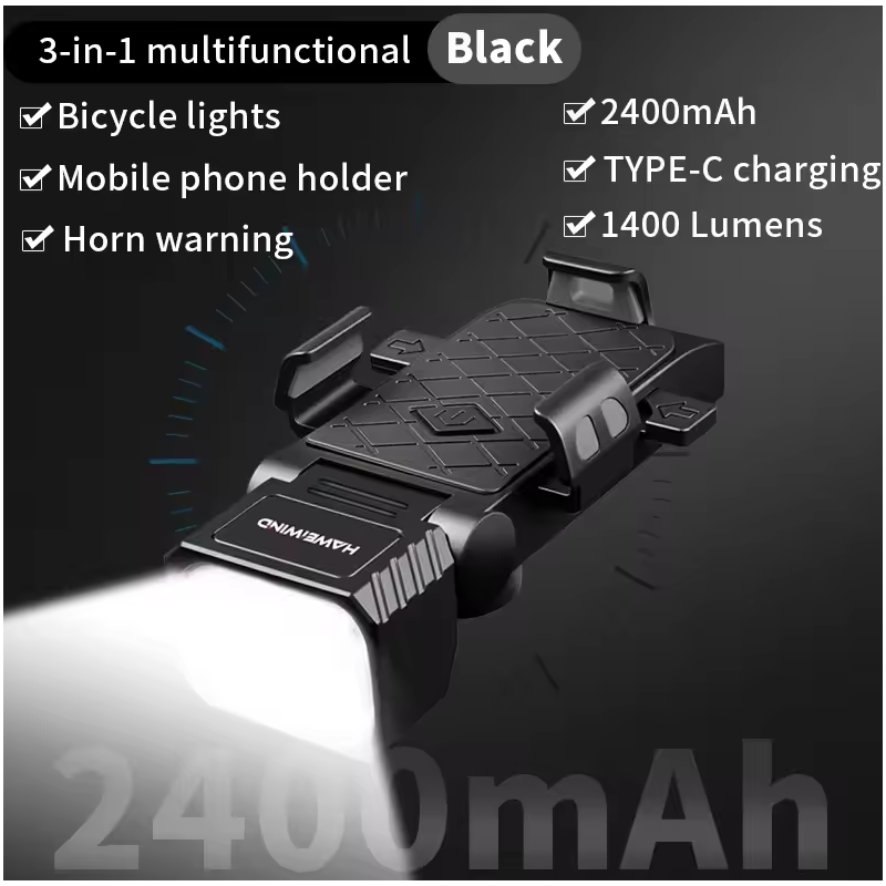 3-i-1 Cykellampa med Mobilhållare Cykel & Horn. Multifunktionell Framlampa, USB-C för Säkerhet.