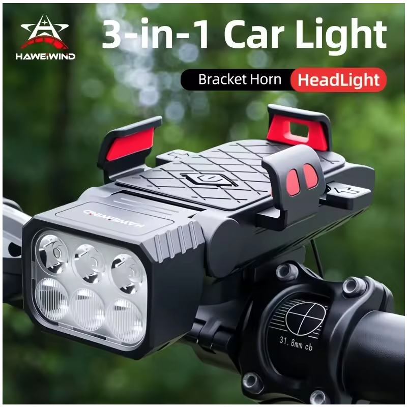 3-i-1 Cykellampa med Mobilhållare Cykel & Horn. Multifunktionell Framlampa, USB-C för Säkerhet.