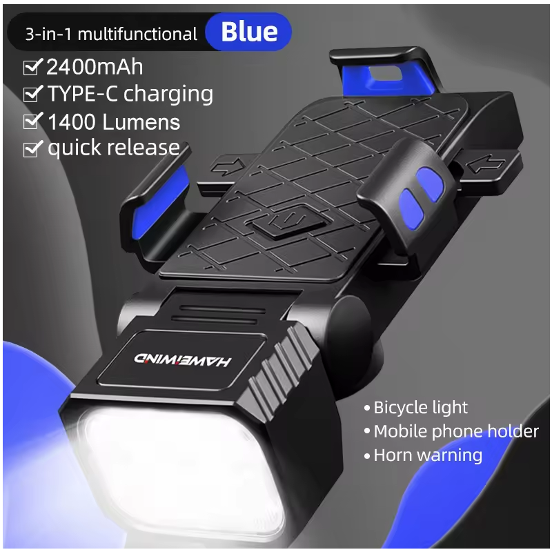 3-i-1 Cykellampa med Mobilhållare Cykel & Horn. Multifunktionell Framlampa, USB-C för Säkerhet.