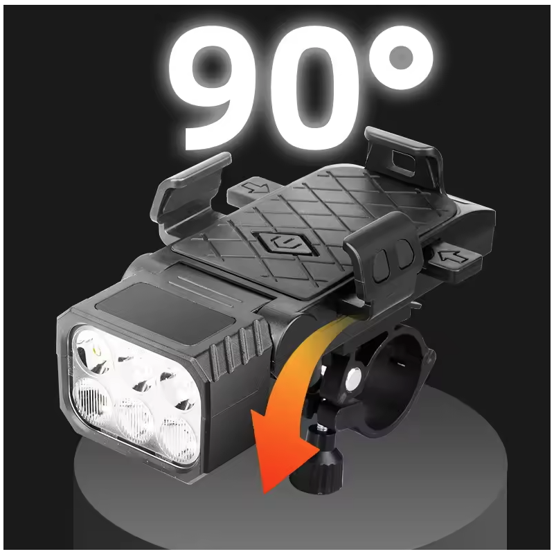 3-i-1 Cykellampa med Mobilhållare Cykel & Horn. Multifunktionell Framlampa, USB-C för Säkerhet.