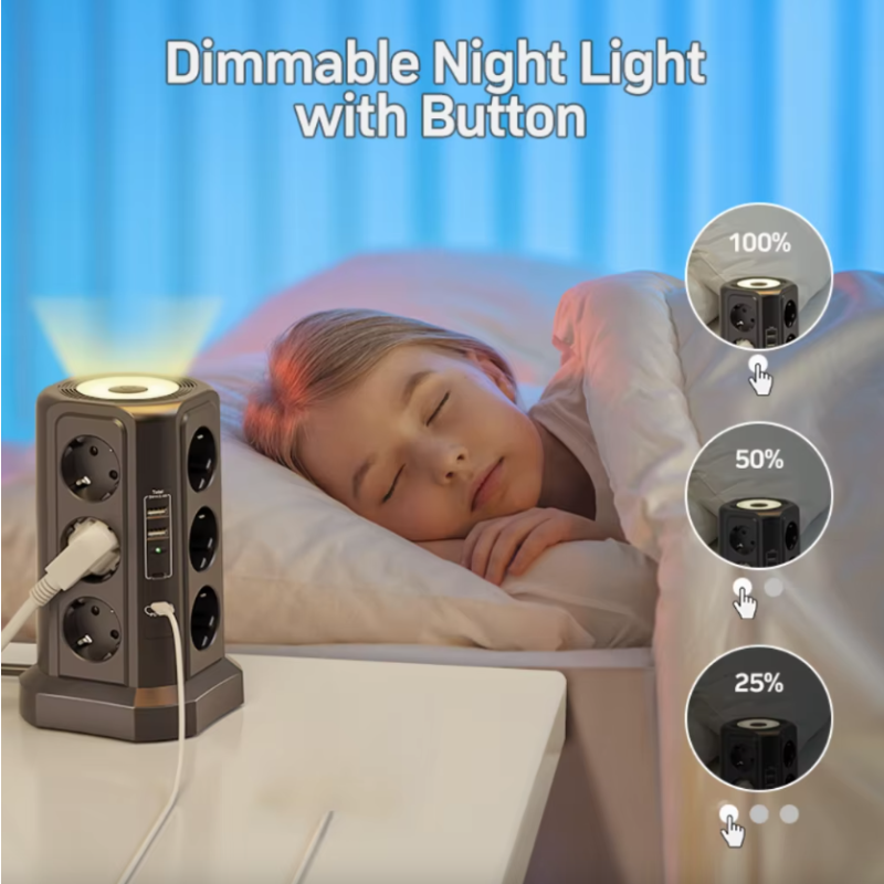 XT-G3211 Grenuttag Överspänningsskydd USB Laddare för Hemkontor 4000W 16A med Nattlampa