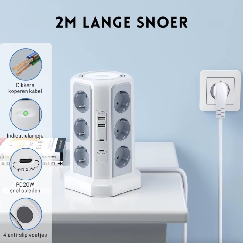 XT-G3211 Grenuttag Överspänningsskydd USB Laddare för Hemkontor 4000W 16A med Nattlampa