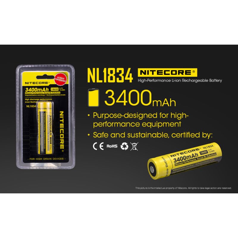 Nitecore Li-ion NL1834 18650 3.7V 3400mAh högpresterande batteri för ficklampor och elektronik
