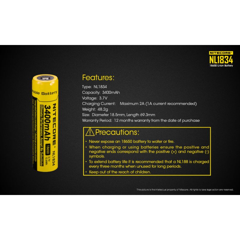 Nitecore Li-ion NL1834 18650 3.7V 3400mAh högpresterande batteri för ficklampor och elektronik