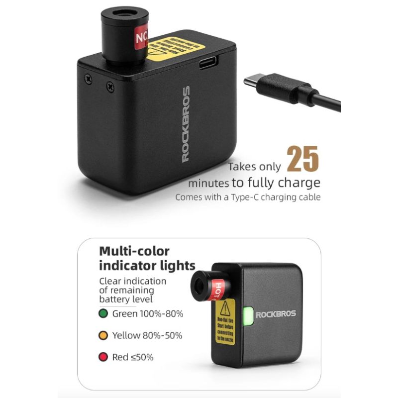 ROCKBROS Cykelpump Bärbar Mini Elektrisk Luftpump med 100PSI Ergonomisk Design och Uppladdningsbar Funktion