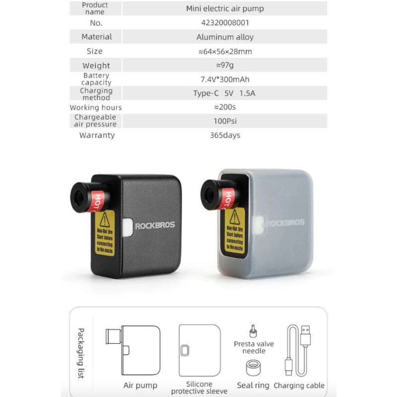 ROCKBROS Cykelpump Bärbar Mini Elektrisk Luftpump med 100PSI Ergonomisk Design och Uppladdningsbar Funktion
