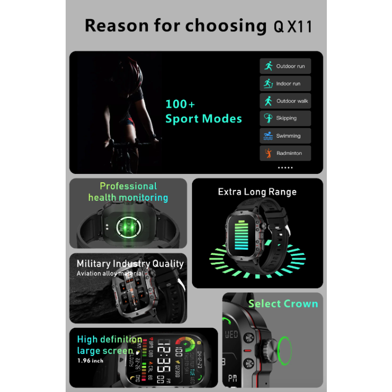 QX11 Smartklocka Herr | IP68 5ATM Utomhussport Fitness Tracker | 1,96